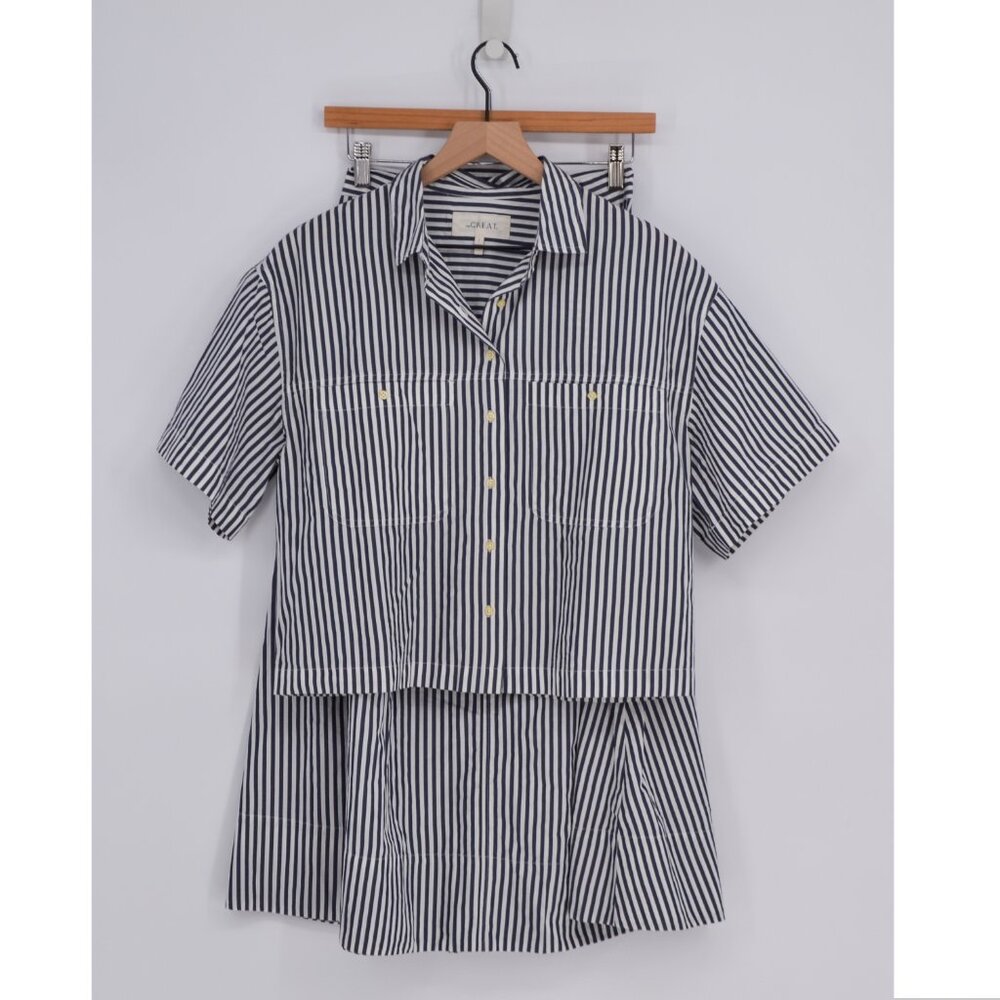 The Great Atlas Button Up Shirt and Field Midi Skirt Set Navy Stripe Womens 1 S - Picture 2 of 15